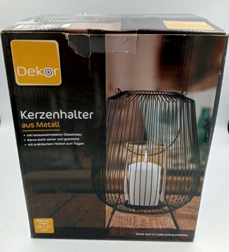 Świecznik lampion metalowy szkło loft czarny 29 cm